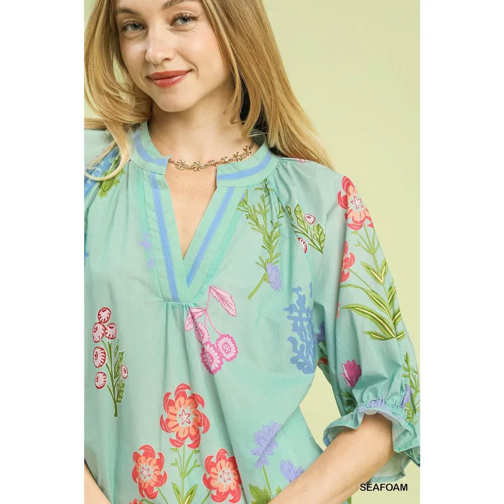 Umgee Floral Split Neck Puff Sleeve Top - Picture 4 of 5